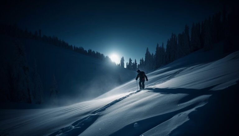 Silhouette of snowboarder gliding through powder snow generated by artificial intelligence