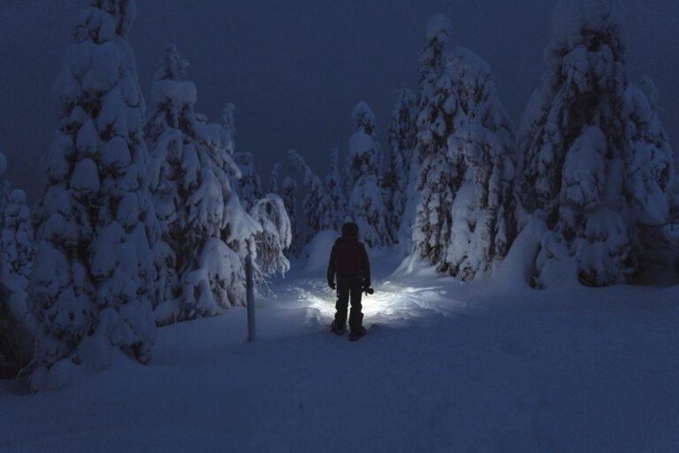 Trekker with a headlamp walking in a snowy Riisitunturi National Park, Finland